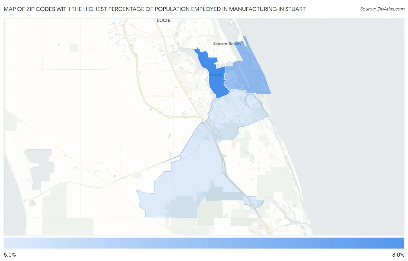 Zip Codes with the Highest Percentage of Population Employed in Manufacturing in Stuart Map