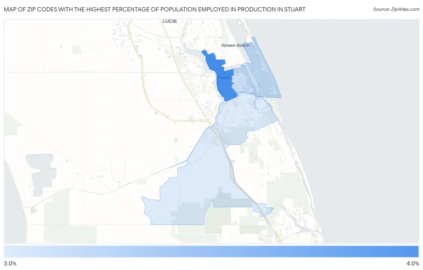 Zip Codes with the Highest Percentage of Population Employed in Production in Stuart Map