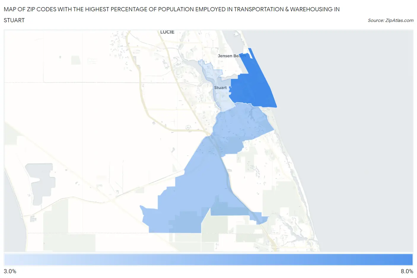 Zip Codes with the Highest Percentage of Population Employed in Transportation & Warehousing in Stuart Map