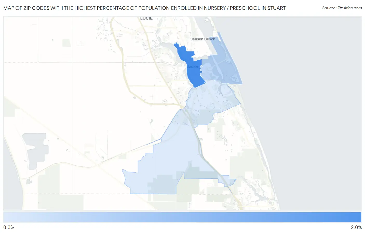 Zip Codes with the Highest Percentage of Population Enrolled in Nursery / Preschool in Stuart Map