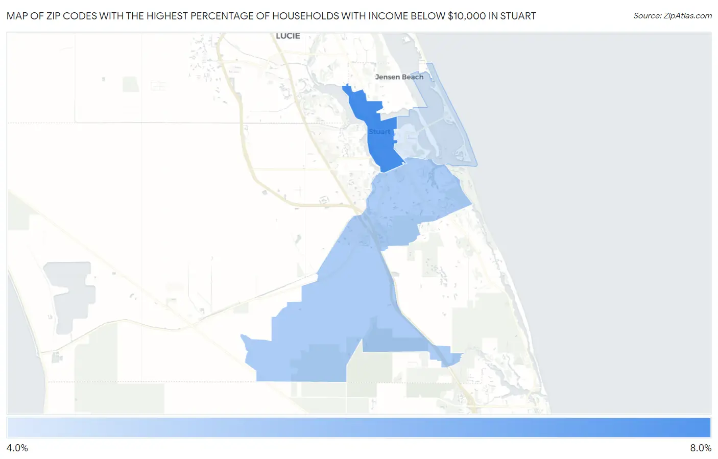 Zip Codes with the Highest Percentage of Households with Income Below $10,000 in Stuart Map