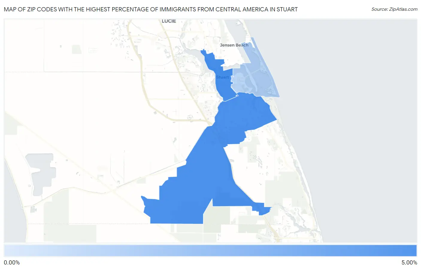 Zip Codes with the Highest Percentage of Immigrants from Central America in Stuart Map