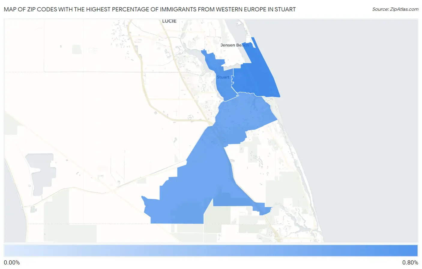 Zip Codes with the Highest Percentage of Immigrants from Western Europe in Stuart Map