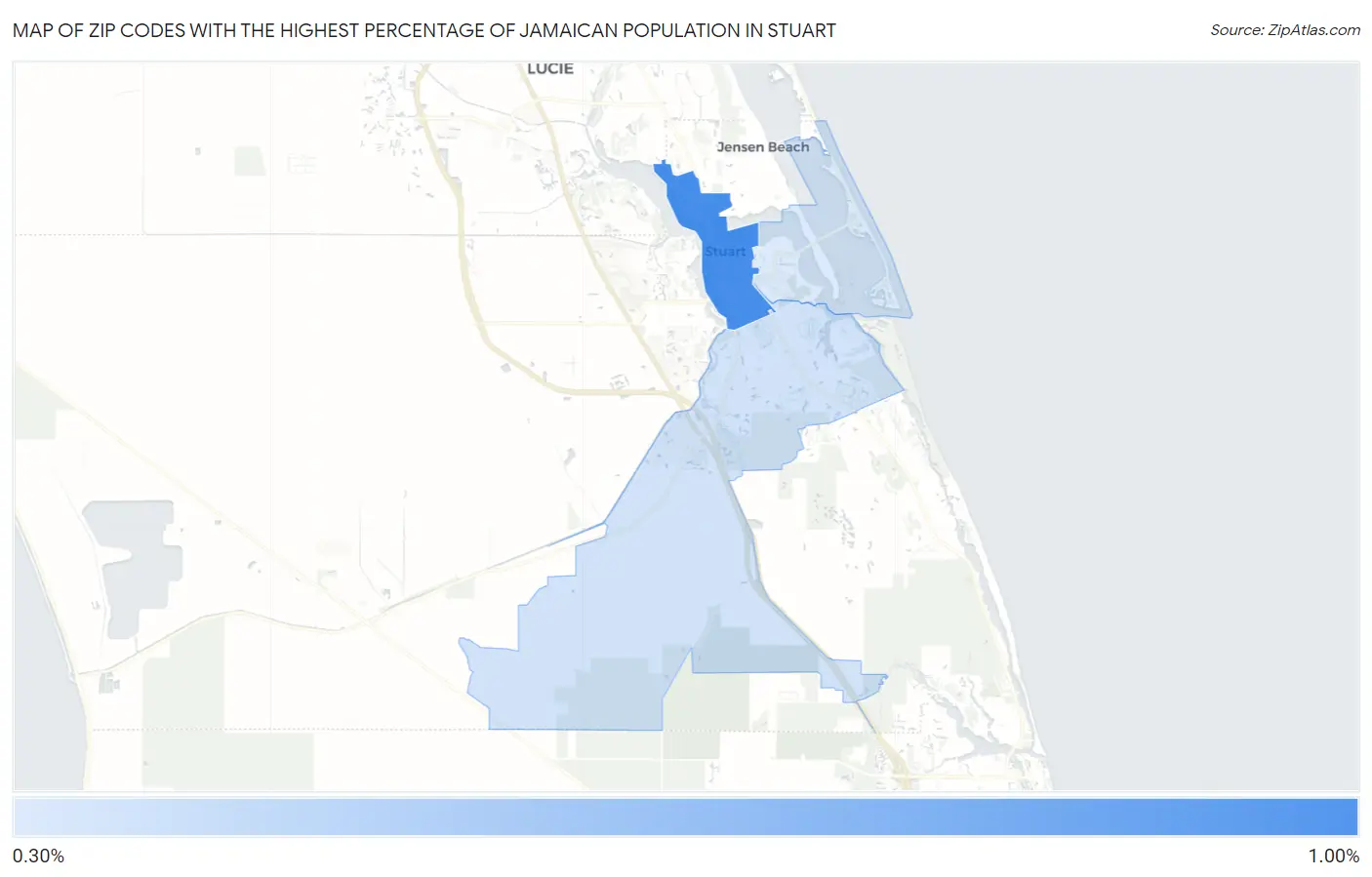 Zip Codes with the Highest Percentage of Jamaican Population in Stuart Map