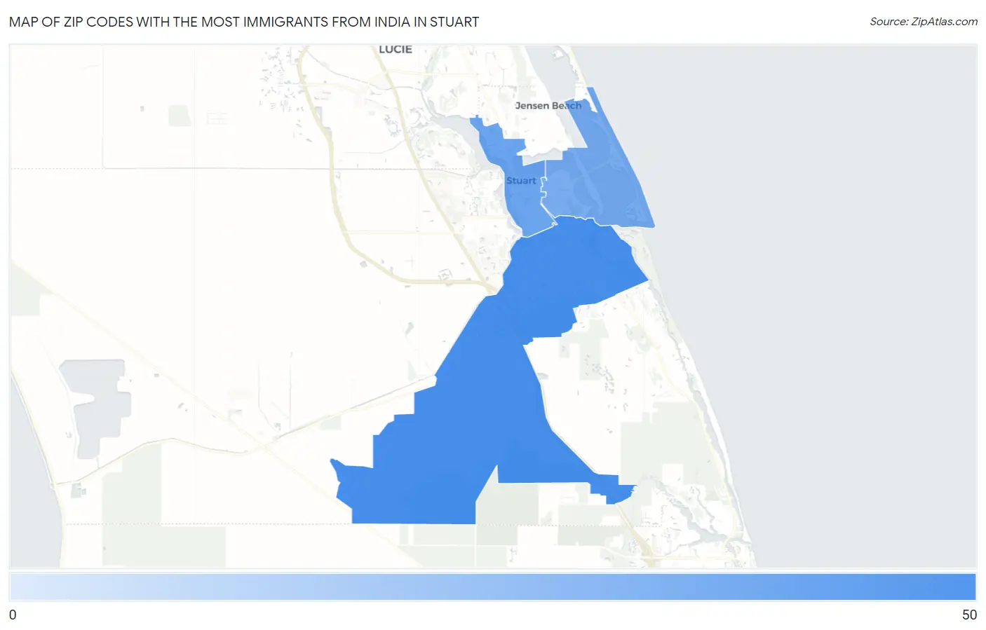 Zip Codes with the Most Immigrants from India in Stuart Map