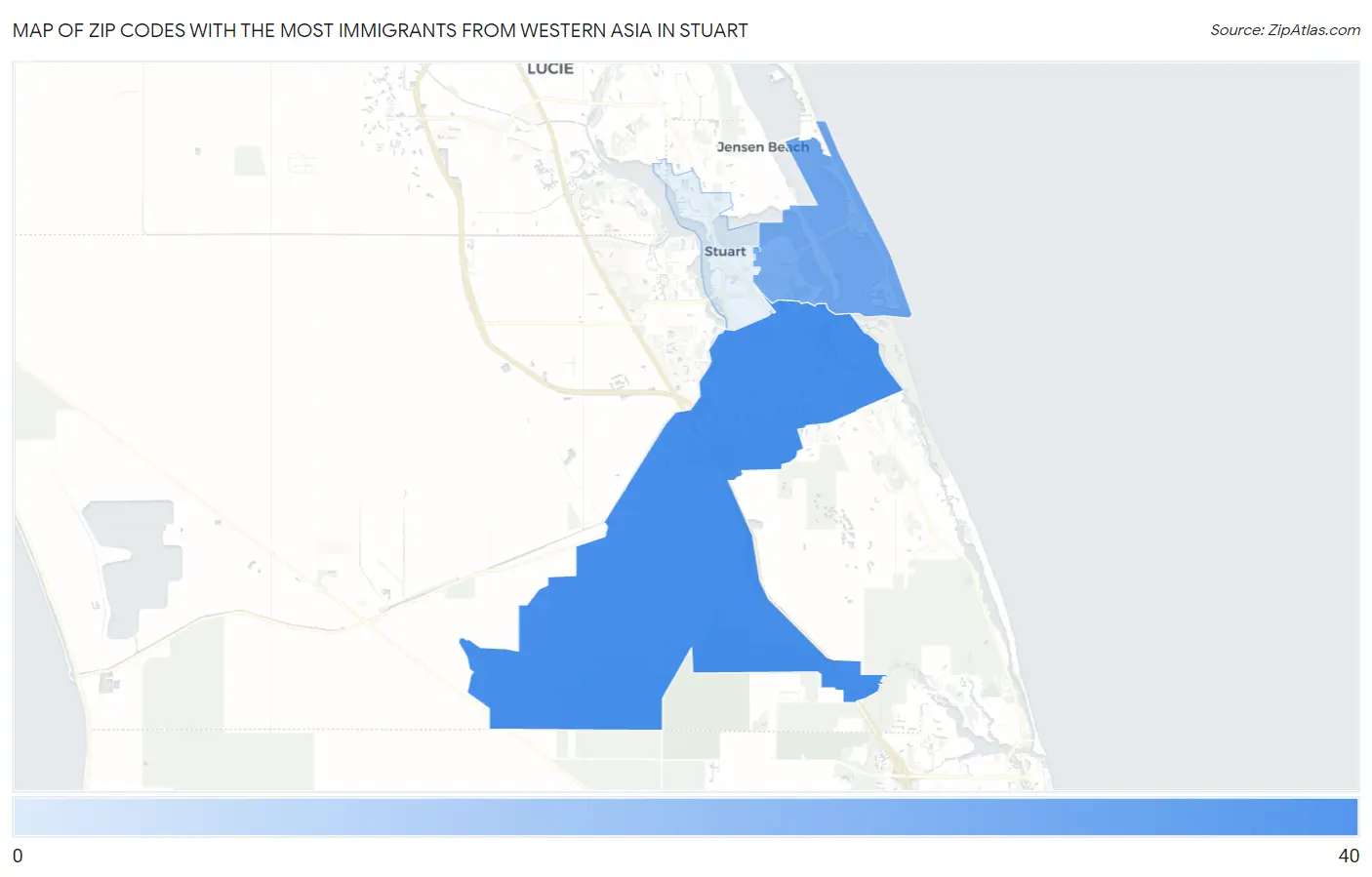 Zip Codes with the Most Immigrants from Western Asia in Stuart Map