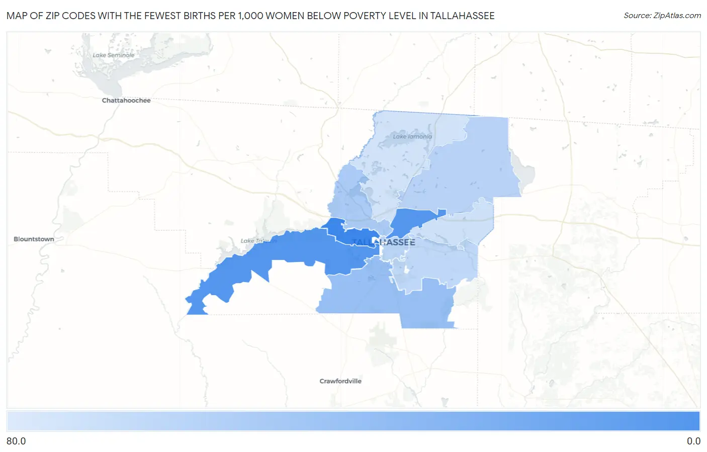 Zip Codes with the Fewest Births per 1,000 Women Below Poverty Level in Tallahassee Map