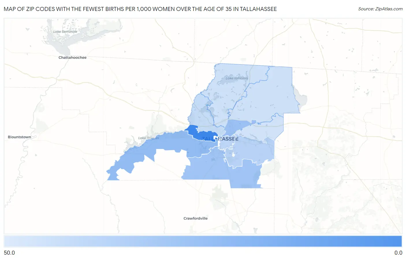 Zip Codes with the Fewest Births per 1,000 Women Over the Age of 35 in Tallahassee Map