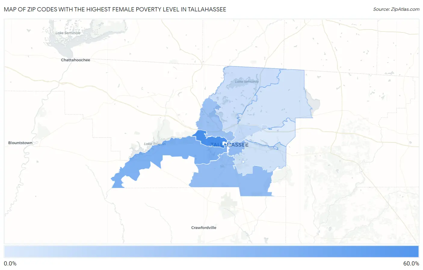 Zip Codes with the Highest Female Poverty Level in Tallahassee Map