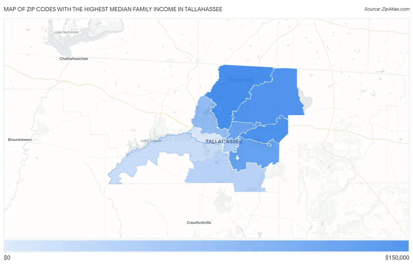 Zip Codes with the Highest Median Family Income in Tallahassee Map