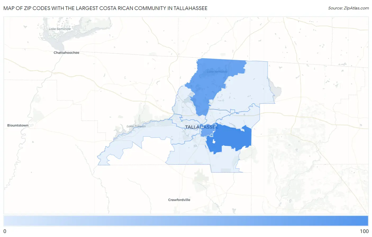 Zip Codes with the Largest Costa Rican Community in Tallahassee Map