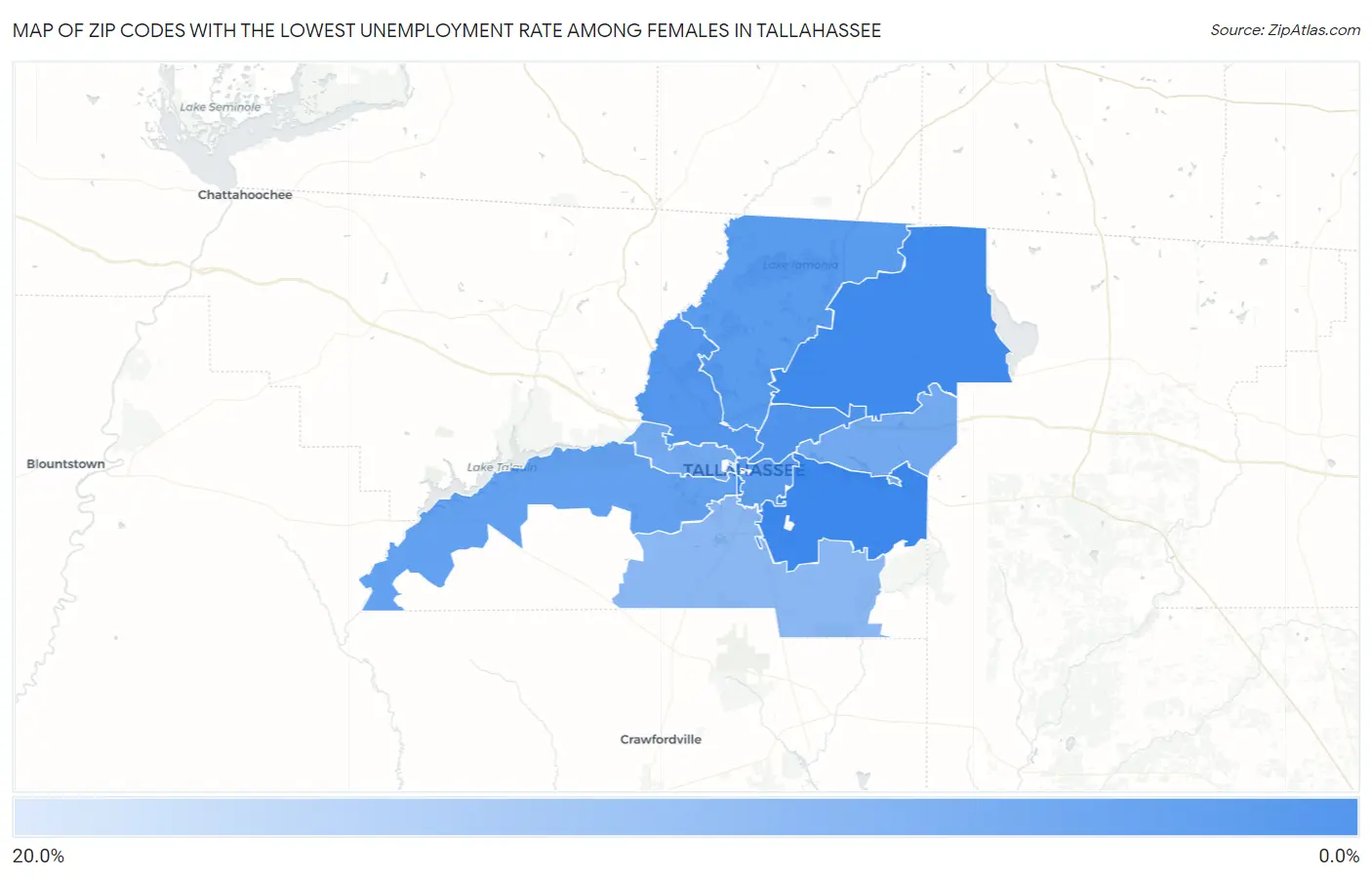 Zip Codes with the Lowest Unemployment Rate Among Females in Tallahassee Map