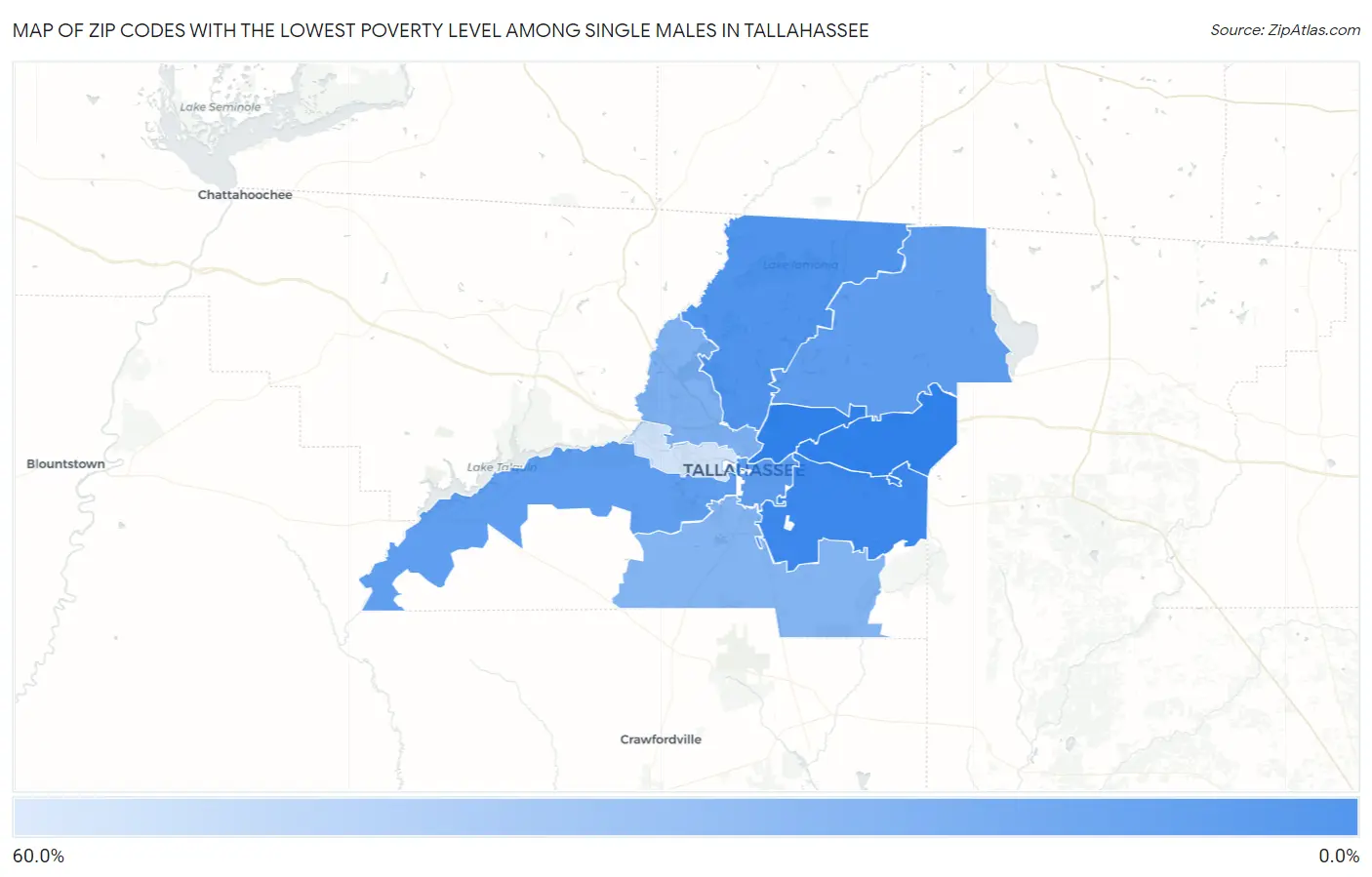 Zip Codes with the Lowest Poverty Level Among Single Males in Tallahassee Map