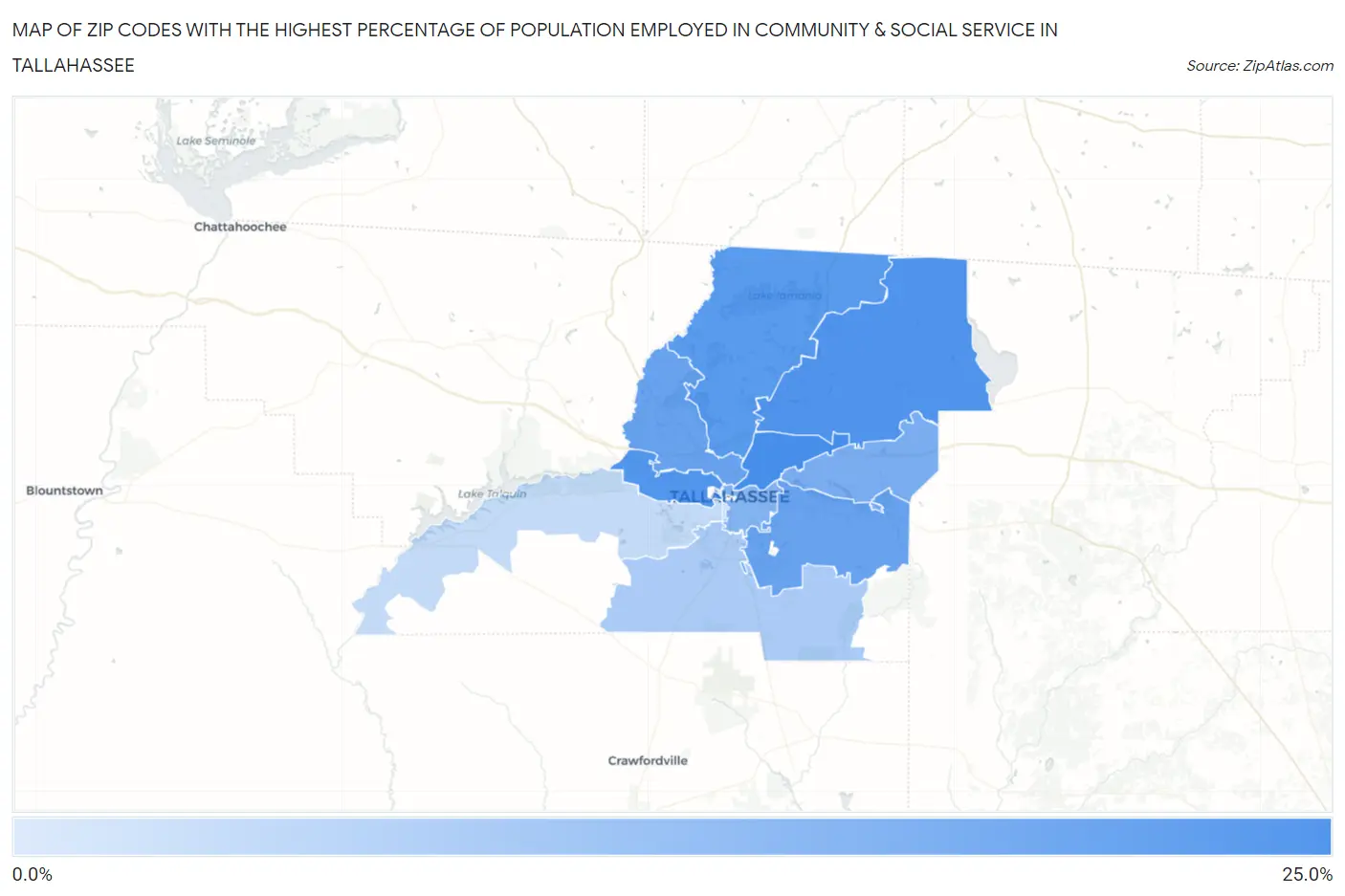 Zip Codes with the Highest Percentage of Population Employed in Community & Social Service  in Tallahassee Map