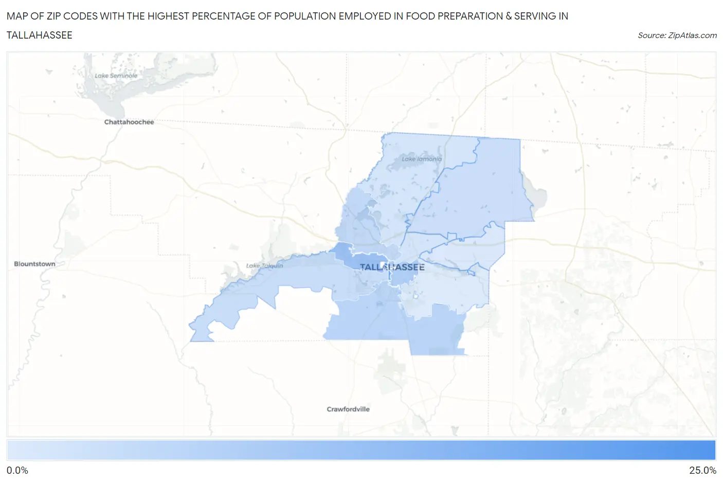 Zip Codes with the Highest Percentage of Population Employed in Food Preparation & Serving in Tallahassee Map