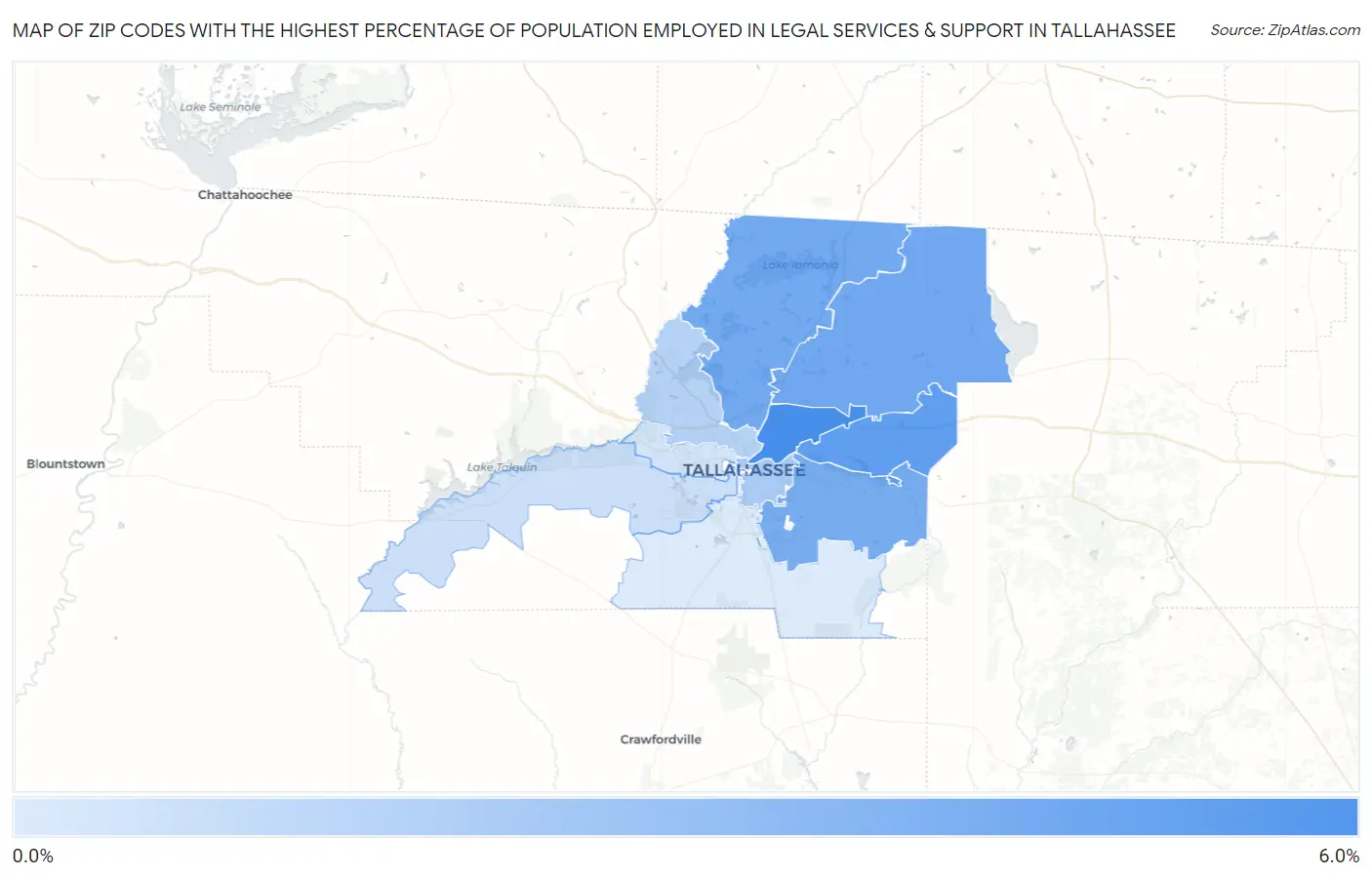 Zip Codes with the Highest Percentage of Population Employed in Legal Services & Support in Tallahassee Map