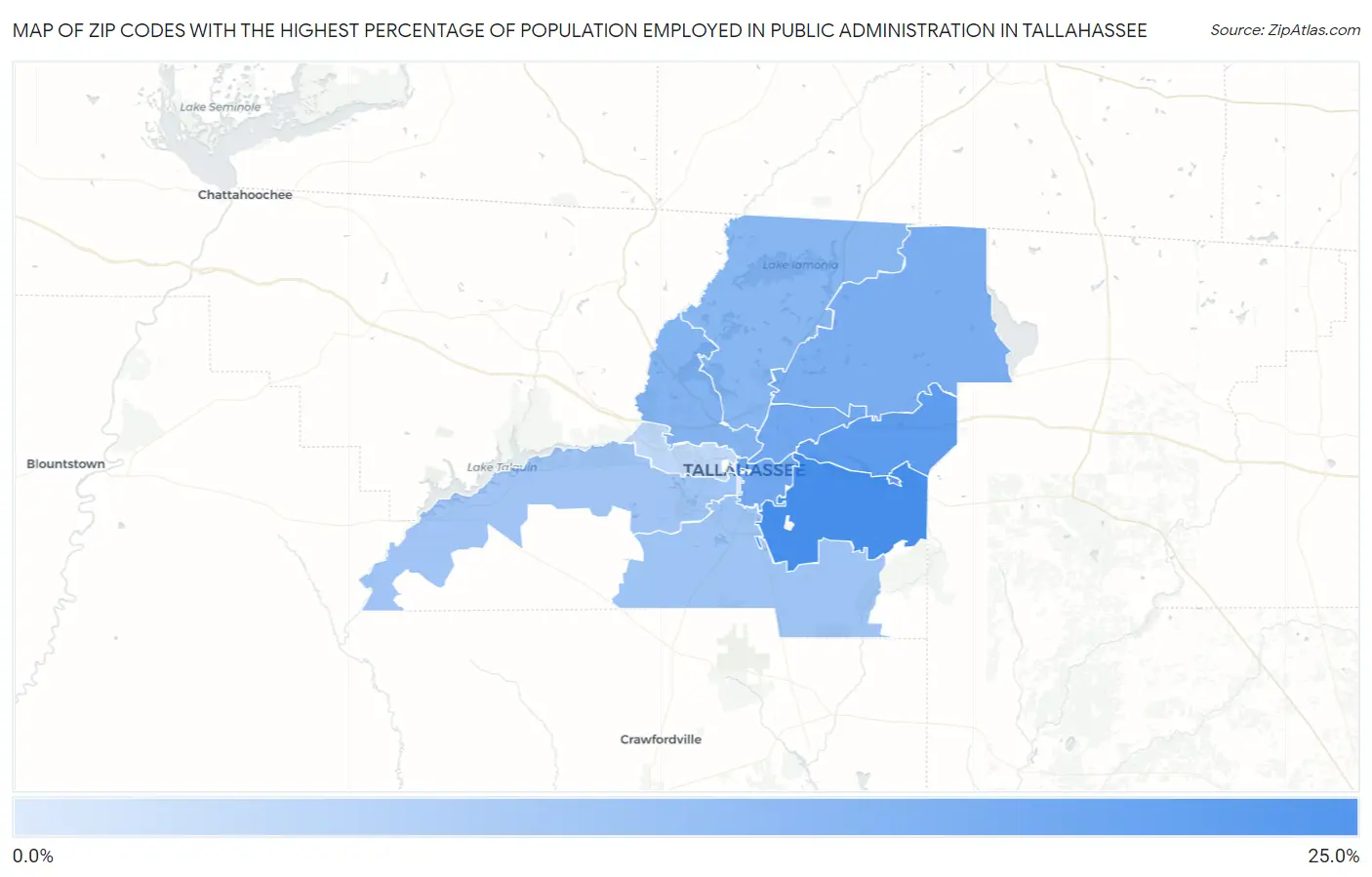 Zip Codes with the Highest Percentage of Population Employed in Public Administration in Tallahassee Map