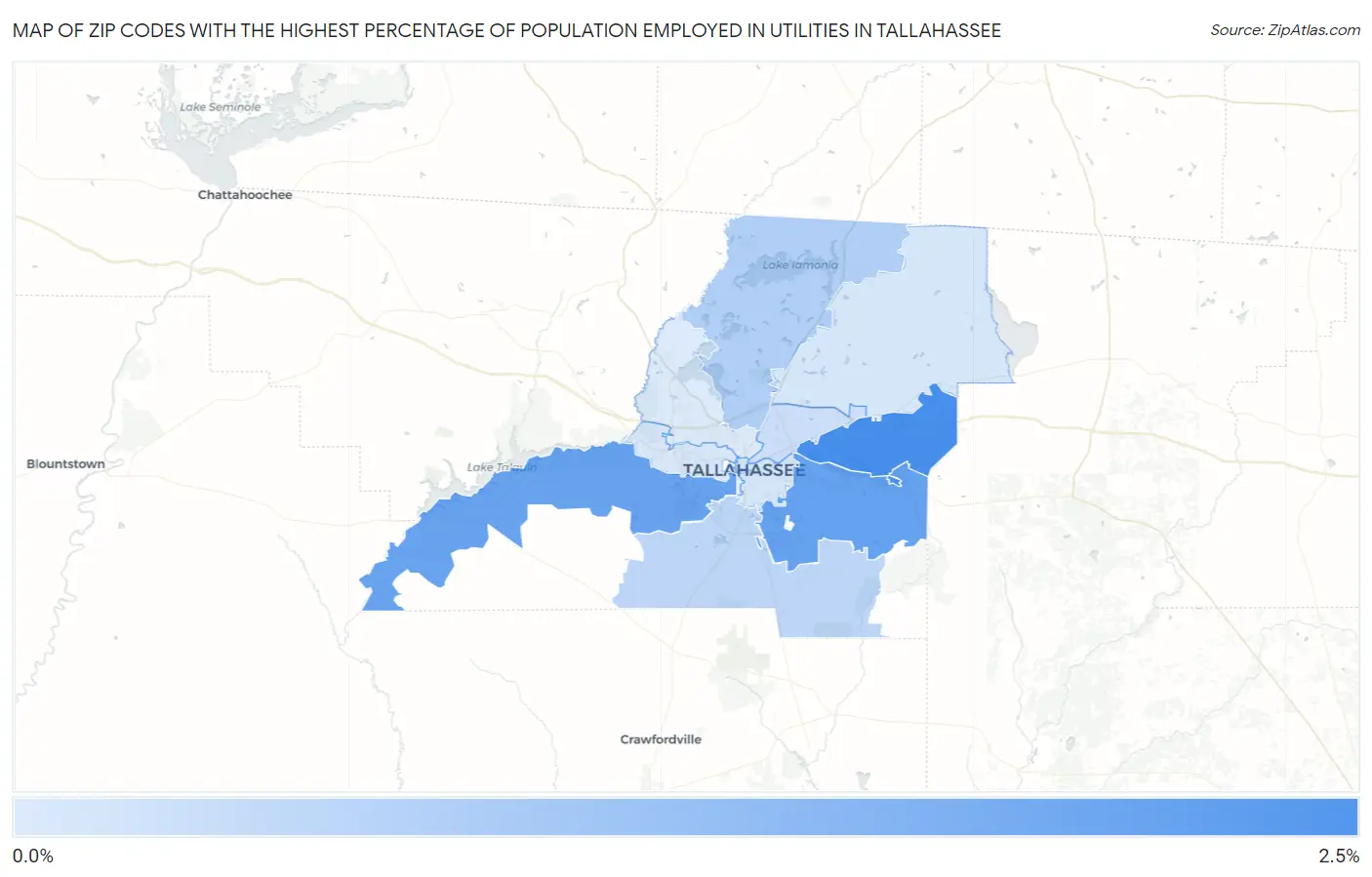Zip Codes with the Highest Percentage of Population Employed in Utilities in Tallahassee Map
