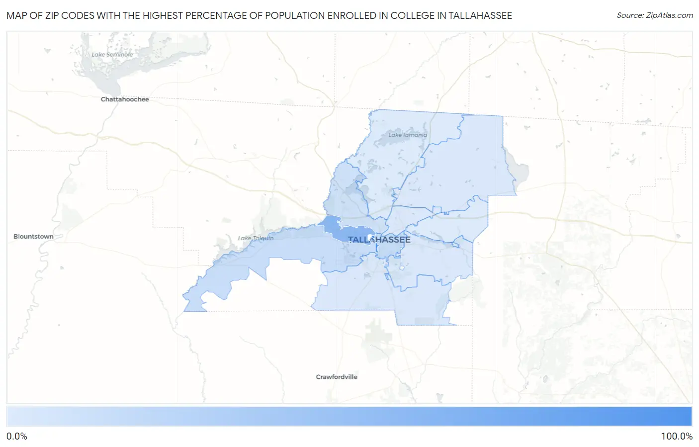 Zip Codes with the Highest Percentage of Population Enrolled in College in Tallahassee Map