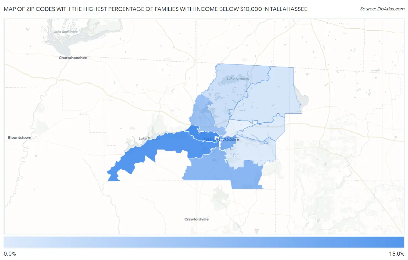 Zip Codes with the Highest Percentage of Families with Income Below $10,000 in Tallahassee Map