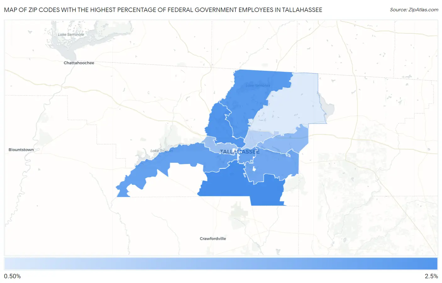 Zip Codes with the Highest Percentage of Federal Government Employees in Tallahassee Map