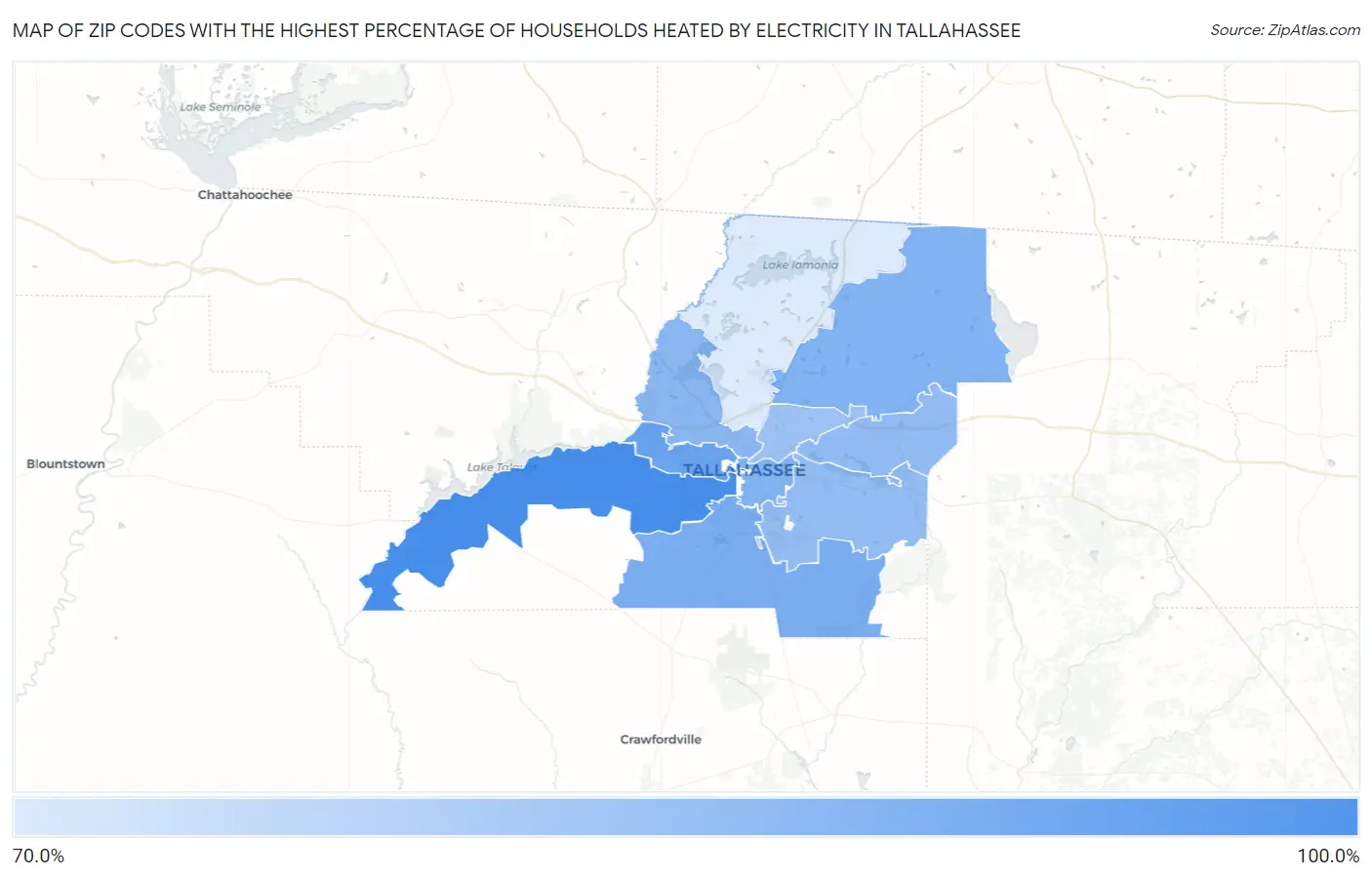 Zip Codes with the Highest Percentage of Households Heated by Electricity in Tallahassee Map