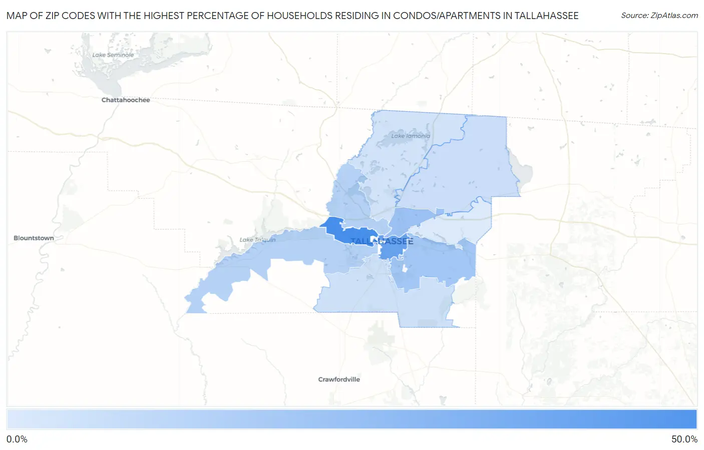 Zip Codes with the Highest Percentage of Households Residing in Condos/Apartments in Tallahassee Map