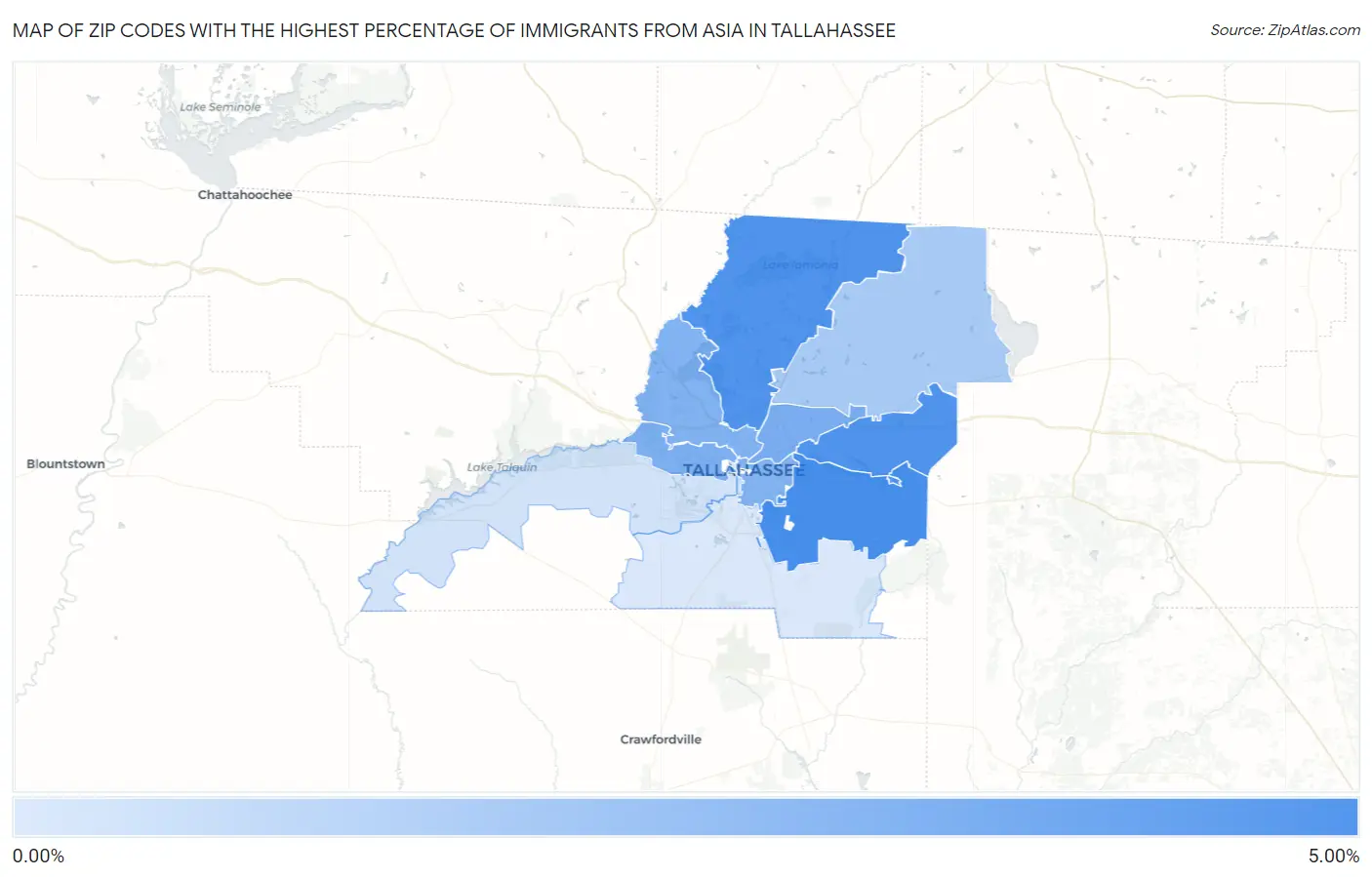 Zip Codes with the Highest Percentage of Immigrants from Asia in Tallahassee Map