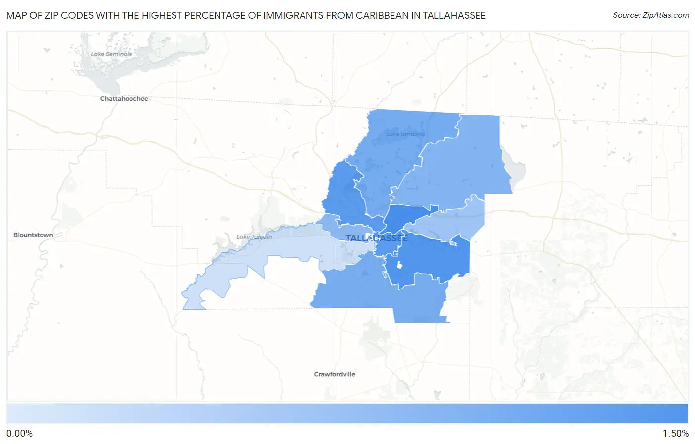 Zip Codes with the Highest Percentage of Immigrants from Caribbean in Tallahassee Map