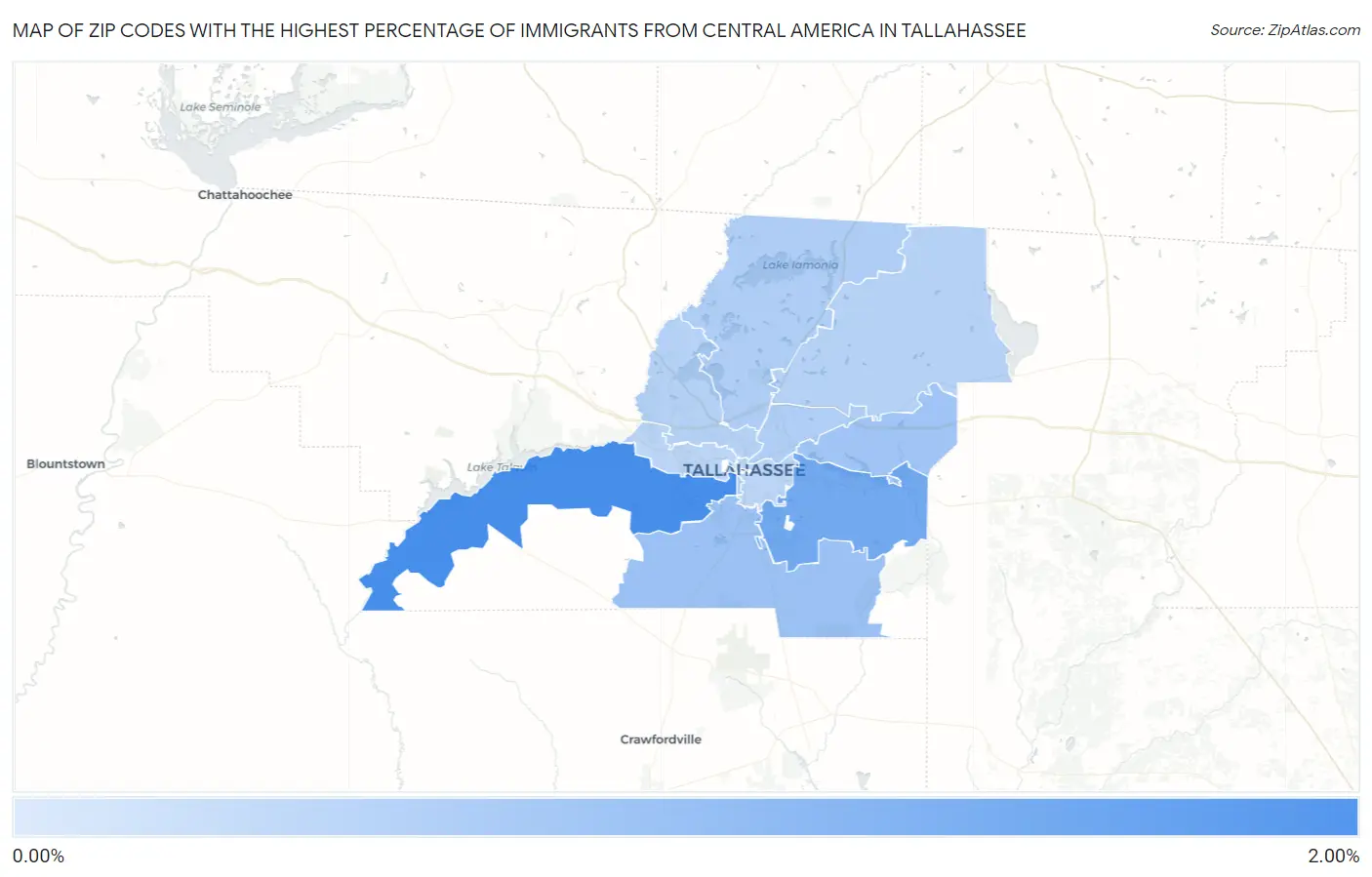 Zip Codes with the Highest Percentage of Immigrants from Central America in Tallahassee Map