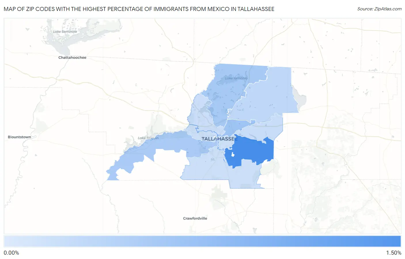 Zip Codes with the Highest Percentage of Immigrants from Mexico in Tallahassee Map