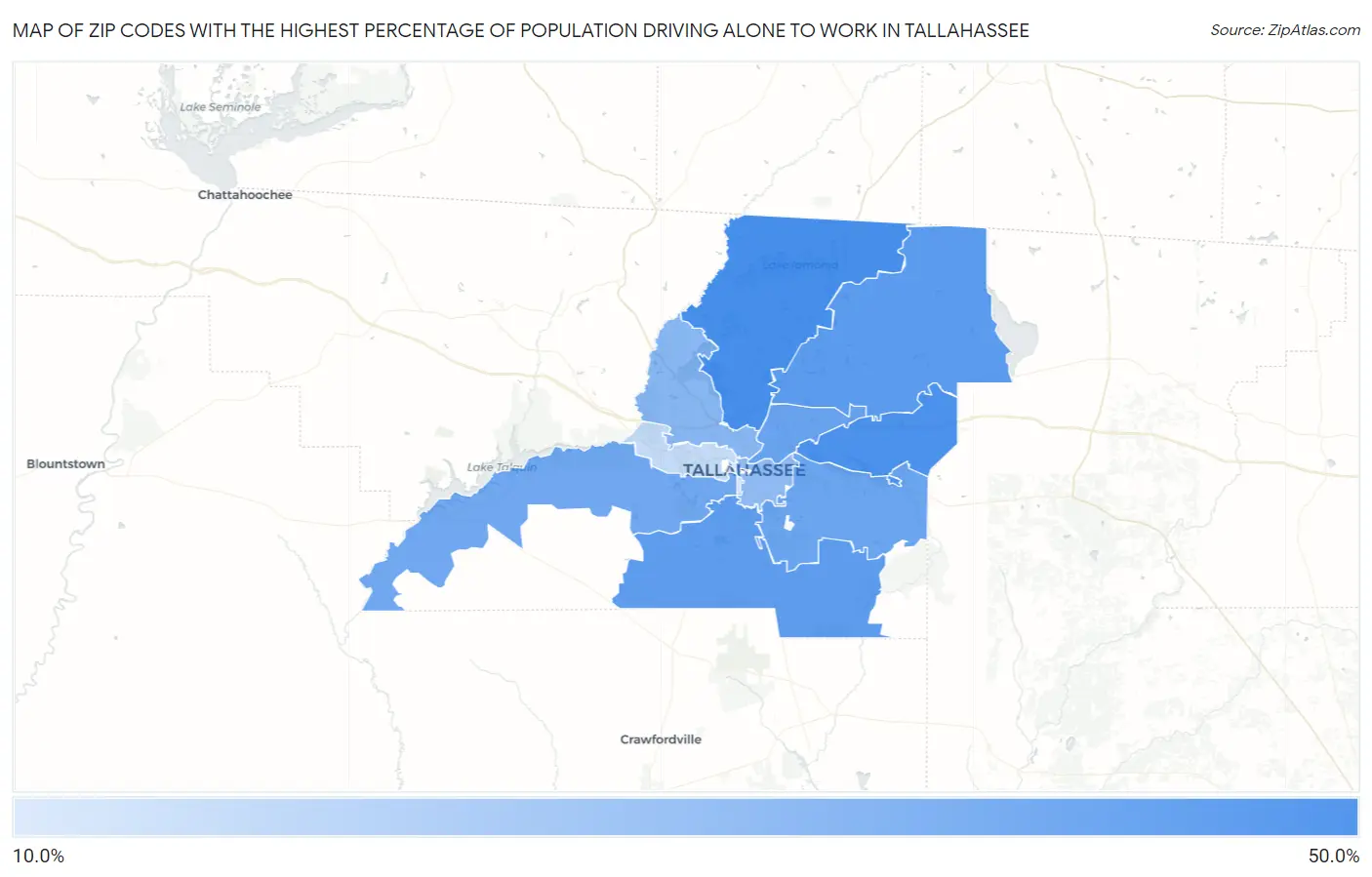 Zip Codes with the Highest Percentage of Population Driving Alone to Work in Tallahassee Map