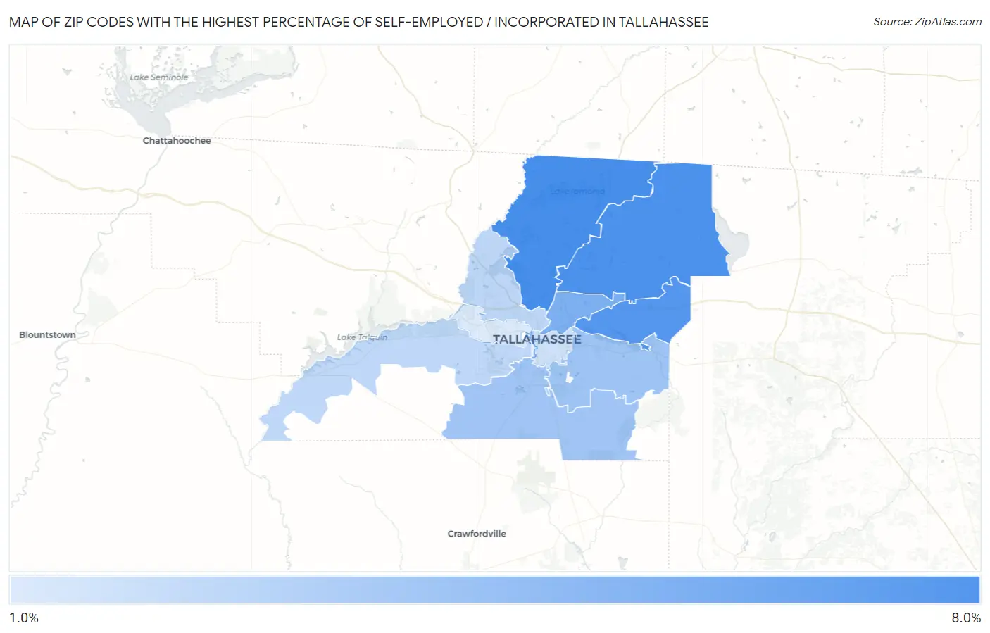 Zip Codes with the Highest Percentage of Self-Employed / Incorporated in Tallahassee Map
