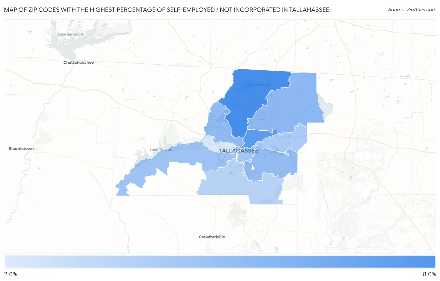 Zip Codes with the Highest Percentage of Self-Employed / Not Incorporated in Tallahassee Map