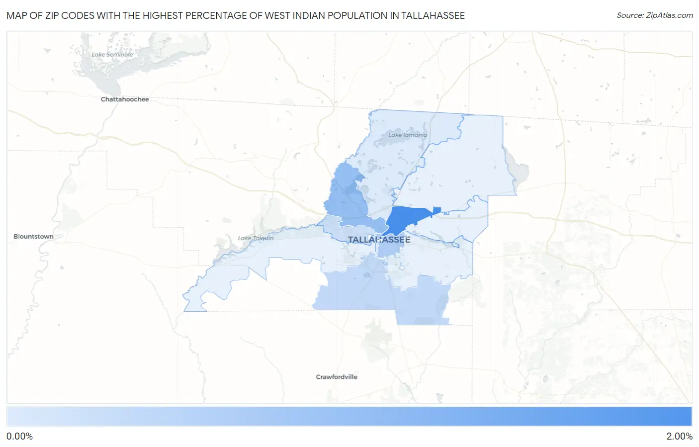 Zip Codes with the Highest Percentage of West Indian Population in Tallahassee Map