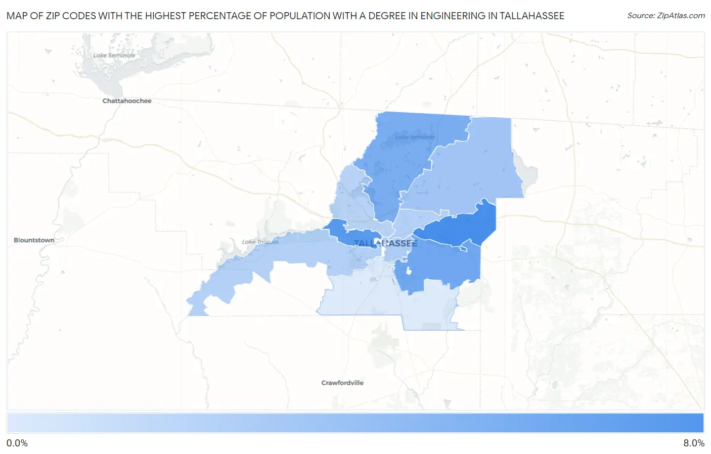 Zip Codes with the Highest Percentage of Population with a Degree in Engineering in Tallahassee Map