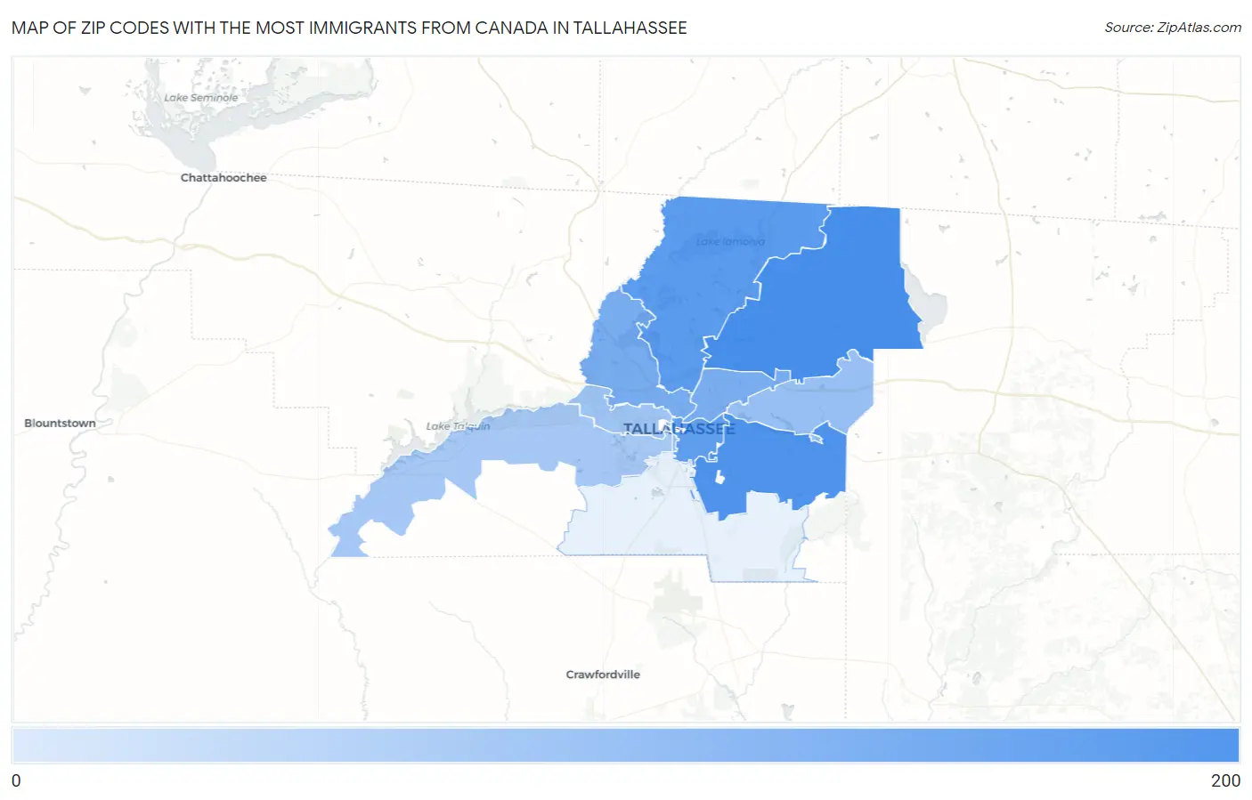 Zip Codes with the Most Immigrants from Canada in Tallahassee Map