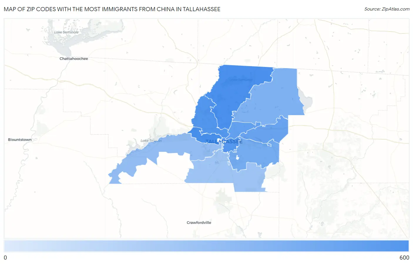 Zip Codes with the Most Immigrants from China in Tallahassee Map