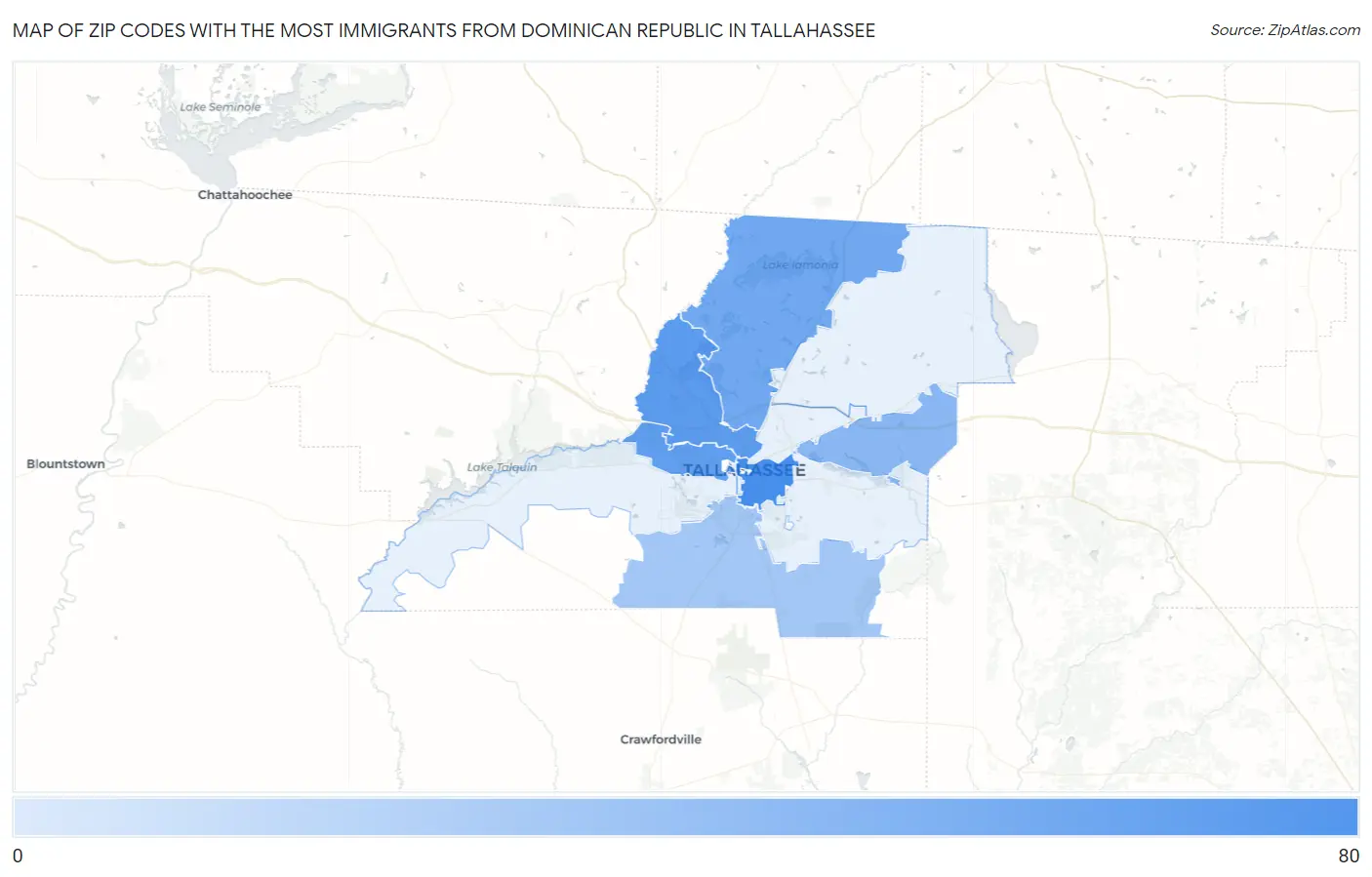 Zip Codes with the Most Immigrants from Dominican Republic in Tallahassee Map