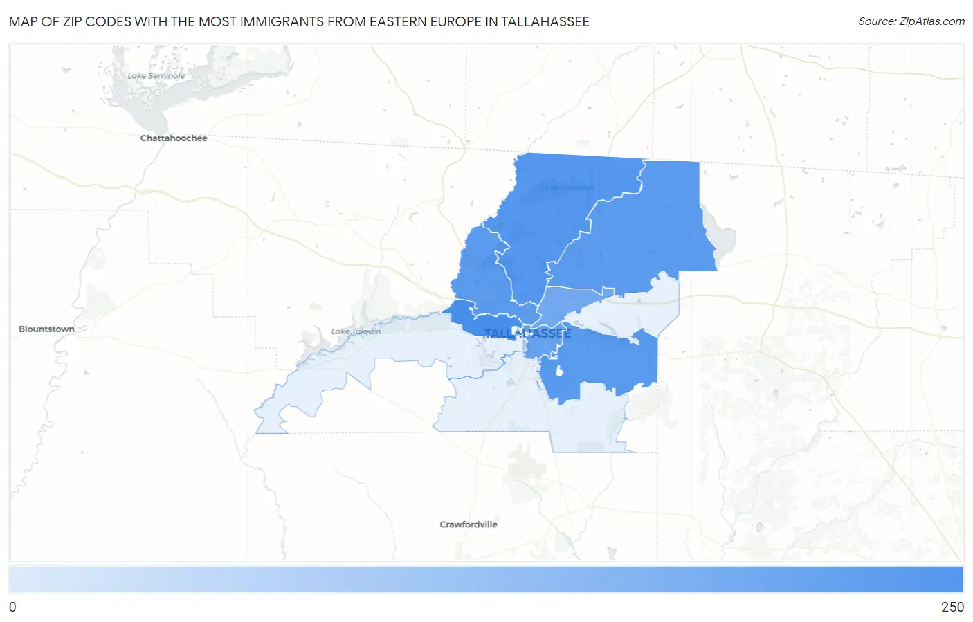 Zip Codes with the Most Immigrants from Eastern Europe in Tallahassee Map