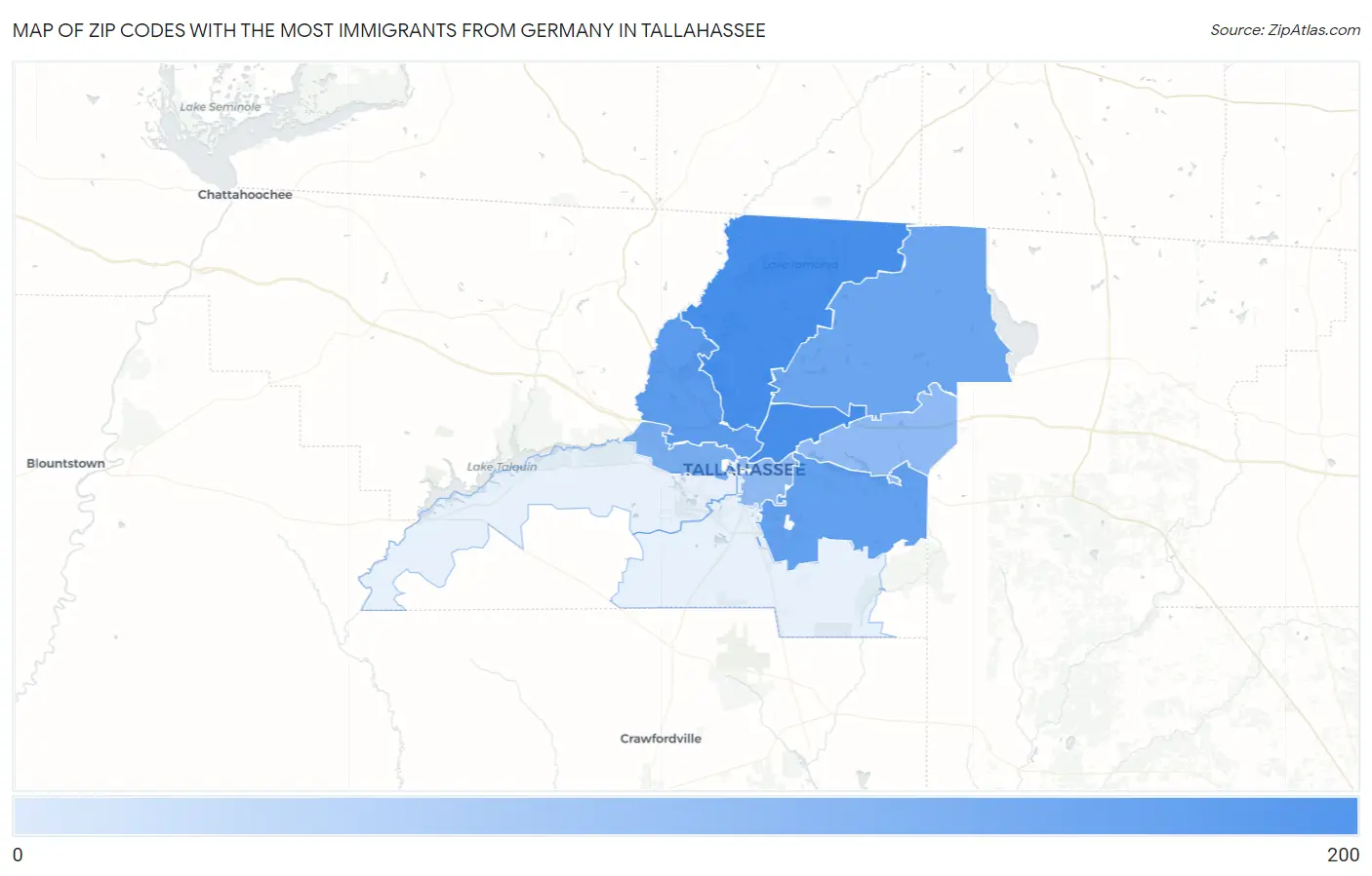 Zip Codes with the Most Immigrants from Germany in Tallahassee Map