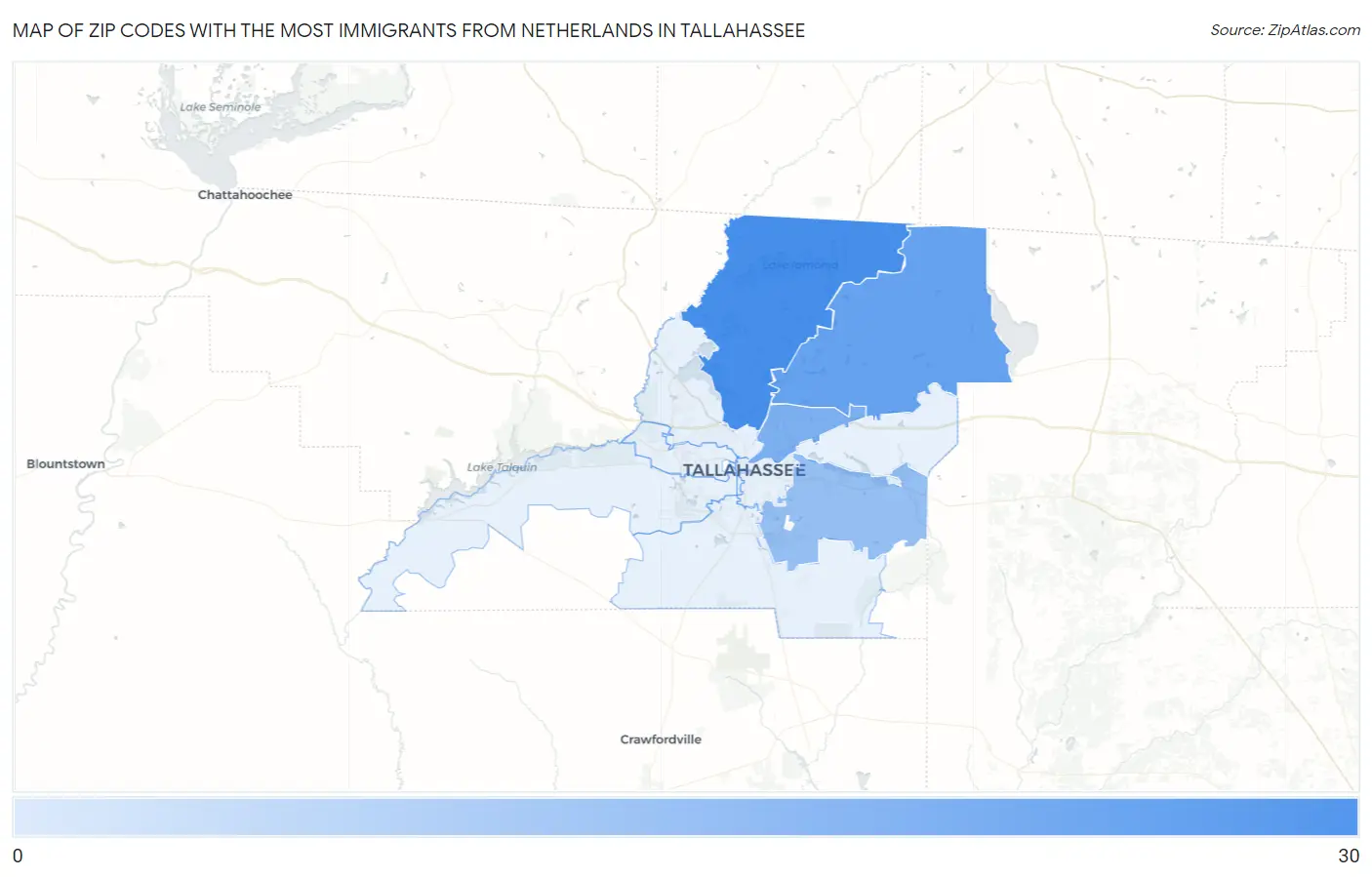 Zip Codes with the Most Immigrants from Netherlands in Tallahassee Map