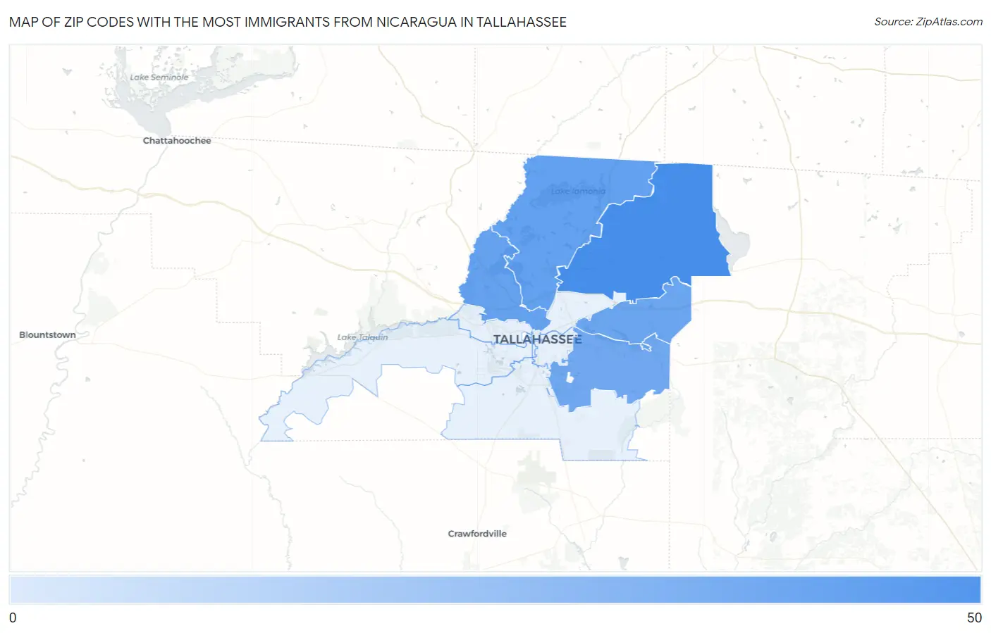 Zip Codes with the Most Immigrants from Nicaragua in Tallahassee Map