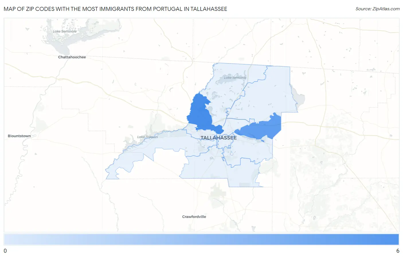 Zip Codes with the Most Immigrants from Portugal in Tallahassee Map