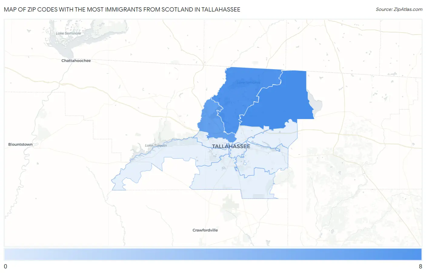 Zip Codes with the Most Immigrants from Scotland in Tallahassee Map