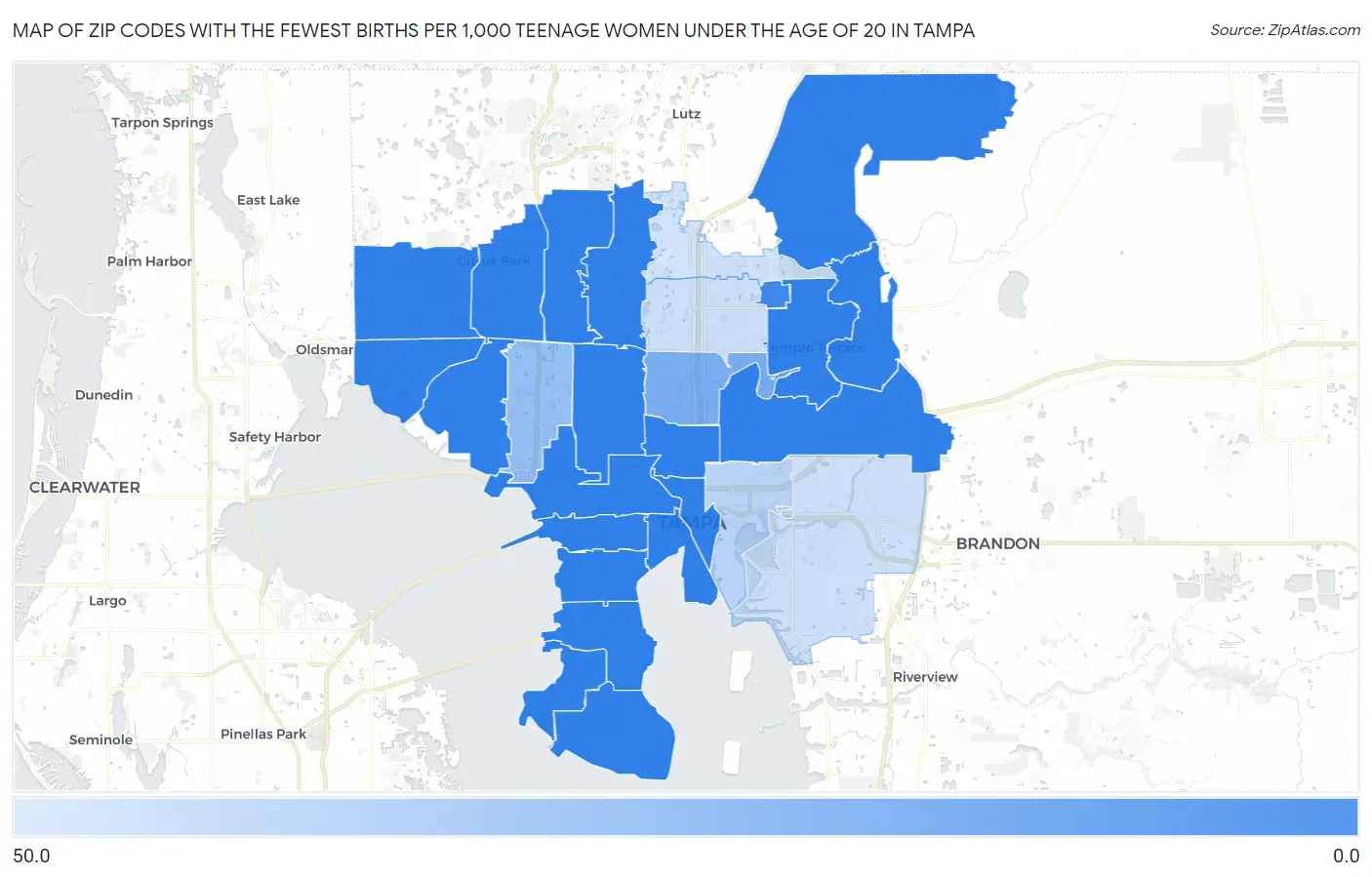 Zip Codes with the Fewest Births per 1,000 Teenage Women Under the Age of 20 in Tampa Map