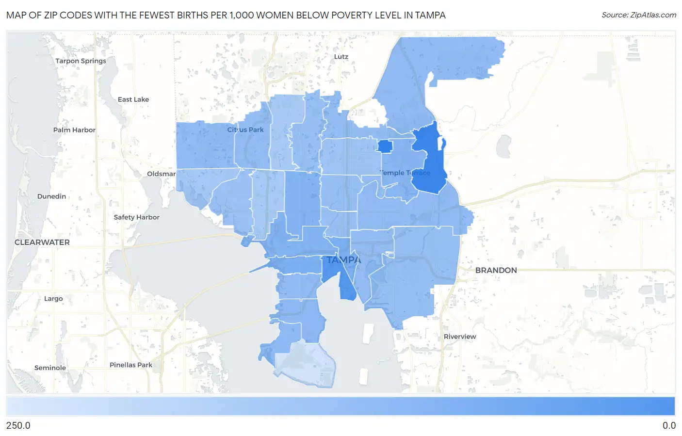 Zip Codes with the Fewest Births per 1,000 Women Below Poverty Level in Tampa Map
