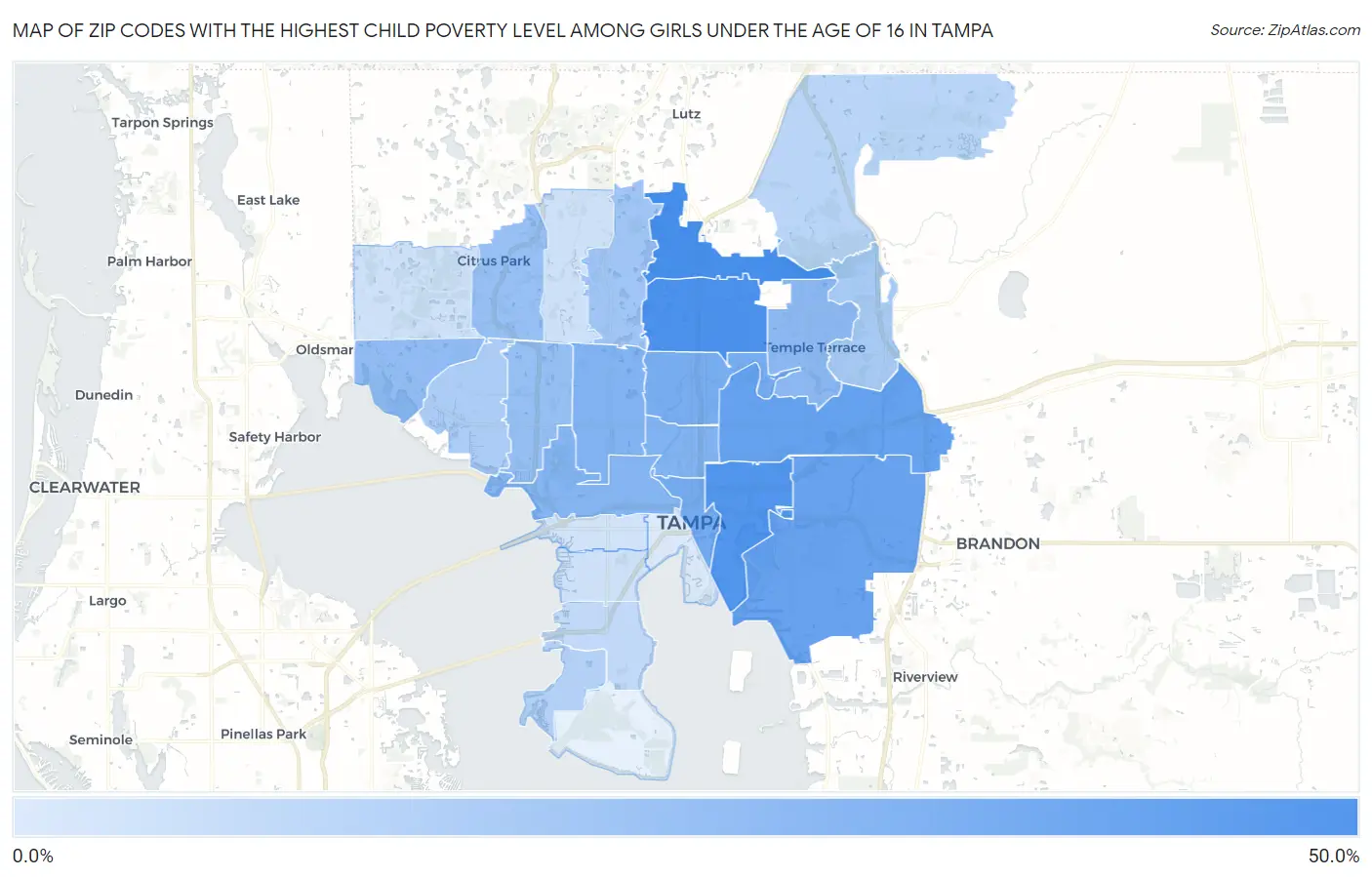 Zip Codes with the Highest Child Poverty Level Among Girls Under the Age of 16 in Tampa Map