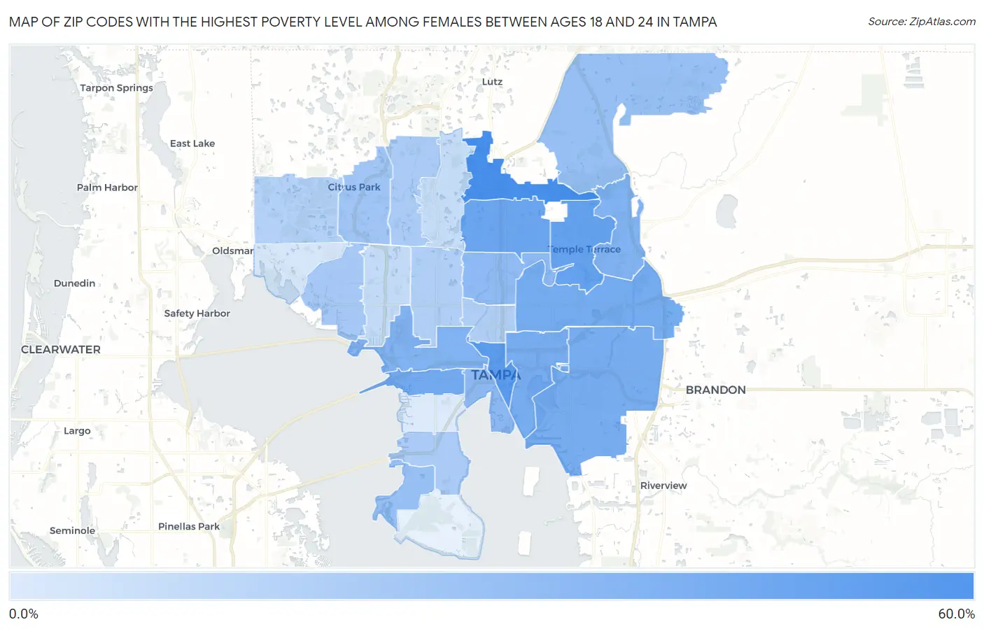 Zip Codes with the Highest Poverty Level Among Females Between Ages 18 and 24 in Tampa Map