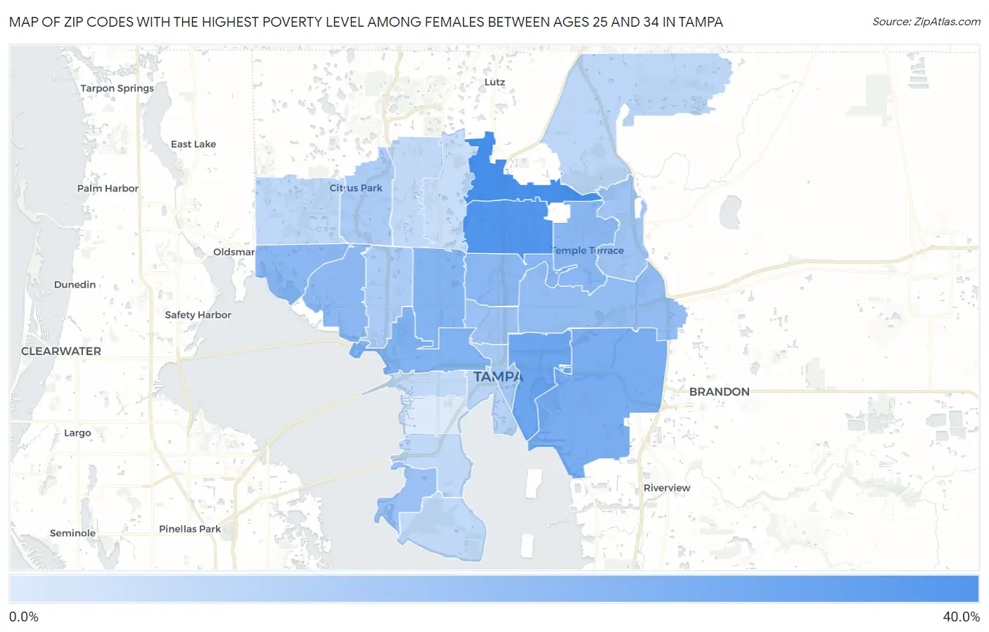 Zip Codes with the Highest Poverty Level Among Females Between Ages 25 and 34 in Tampa Map